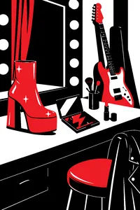 A glittering platform boot and a lightning-bolt makeup palette on a dressing-room table, a red electric guitar leaning on the mirror.