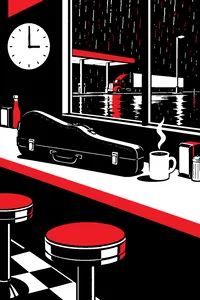 A saxophone case on a truck-stop diner counter at 3 a.m., a cooling cup of coffee and rain on the window behind it.