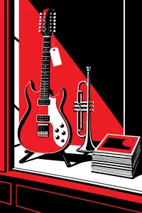 An electric twelve-string guitar still in its shop window with a price tag, a trumpet and a stack of teen magazines beside it.