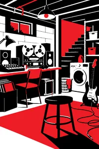 A homemade recording studio in a cluttered suburban basement, reel-to-reel tape machines next to a washing machine and a guitar.