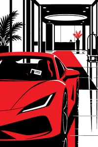 A red sports car parked half inside a hotel lobby, a wallet with a driver's license sticking out lying on the dashboard.