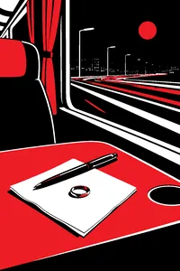A paper napkin with a pen on a tour-bus table, a wedding ring resting on it, highway lights streaking past the window.