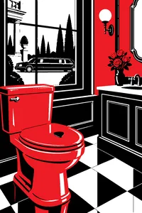 A gold-plated toilet in a mansion bathroom with a guitar pick resting on the lid and a stretch limo visible through the window.