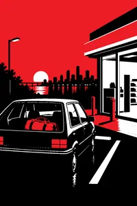 An old hatchback parked outside a convenience store at dusk, a packed duffel bag in the back seat and city lights on the horizon.