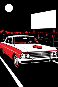 A pink and white 1964 sedan parked at an empty drive-in theater at night, a red toy sports car resting on its hood.