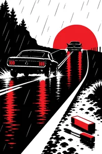 A V8 Ford chasing a Cadillac up a two-lane hill in the rain at dawn, a mascara box on the shoulder of the road.