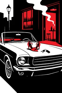 A 1965 Ford Mustang convertible parked outside a smoky bar, a key ring tossed on the hood beside a pair of dancing shoes.