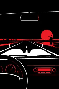 A car's headlights on an empty highway at night, a dashboard radio glowing, the moon low over flat Dutch fields.