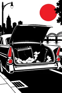 A 1950s Oldsmobile with its trunk open on a Memphis street, a cracked guitar amplifier stuffed with newspaper inside.