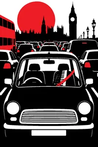 A small boxy car with doors locked in a gray London traffic jam, a synthesizer keyboard on the passenger seat.
