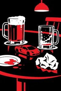Beer mugs and a crumpled napkin with scribbles on a dark bar table, a toy luxury car parked among them.