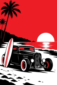 A chopped 1932 Ford hot rod coupe on a California beach at sunset, a surfboard leaning on its fender.