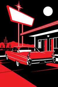 A pink 1950s Cadillac with tail fins parked under a desert motel sign at night, a white leather seat glowing in the neon.