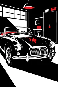 A gleaming vintage British roadster in a garage with a single red rose on its hood and a padlocked cupboard in the corner.