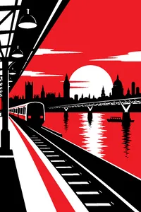 A London railway station and river at sunset, a footbridge over the Thames and a train pulling away.