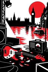 A smashed bass guitar on a stage floor with an old wartime radio set beside it and a flooded London street behind.