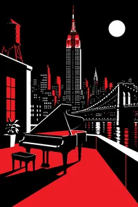 The Empire State Building at night seen from a Brooklyn rooftop, a grand piano on the roof.