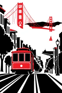 Cable car tracks climbing a steep San Francisco hill in fog, the Golden Gate Bridge in the distance.