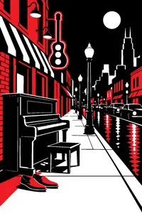 A neon-lit Beale Street at night with an upright piano on the sidewalk and blue suede shoes beside it.