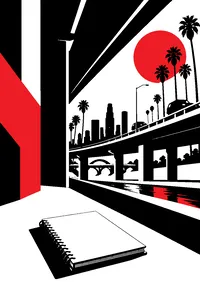 A concrete freeway underpass in Los Angeles with palm trees beyond and a notebook on the ground.