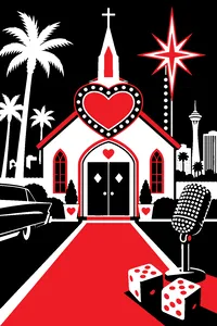A small Las Vegas wedding chapel with neon lights, a pair of dice and a rhinestone microphone.