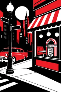 A city street corner with a vintage street sign post and an old jukebox glowing in a diner window.