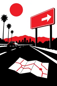 A lone highway sign pointing to San Jose on a sunny California road with a folded paper map on the asphalt.