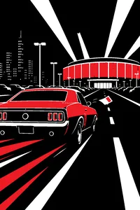 A 1970s muscle car speeding toward an arena at night, a concert ticket blowing out the window.