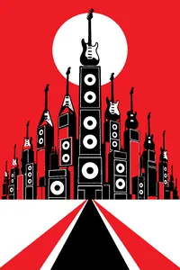 A city skyline made entirely of stacked speakers and electric guitars on an empty plain.