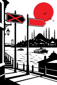 A minaret skyline over the Bosphorus with an old street sign crossed out and a new one beside it.