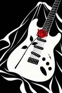 A white electric guitar on black satin with a red rose across the strings