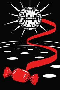 A disco ball over a roller rink with a red candy wrapper ribbon