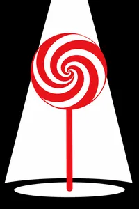 A giant red swirl lollipop under a spotlight