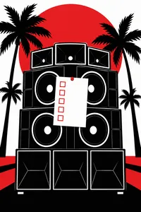 A speaker stack with a checklist pinned to it, palms and a red sun behind