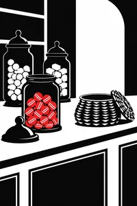 A candy counter with glass jars, one of red candies open, beside a snake-charmer basket