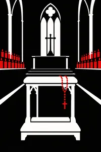 A church kneeler with a red rosary before rows of red candles