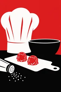 A chef hat, a mixing bowl and two red-wrapped chocolates beside a tipped salt shaker