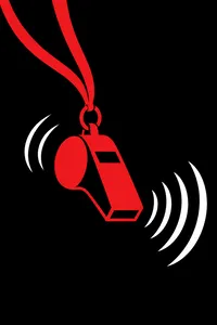 A red whistle on a lanyard with sound waves