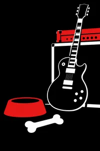 A bone and a red dog bowl in front of a guitar and an amp