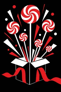 Red and white lollipops bursting out of a gift box