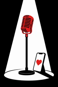 A red vintage microphone under a spotlight beside a phone with a heart