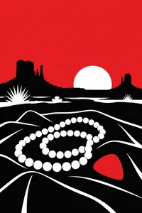 A strand of pearls on black velvet beside a red guitar pick, desert horizon behind