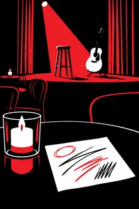 A cocktail napkin with scribbled notes on a small nightclub table, a candle and an empty stage with one stool and an acoustic guitar.