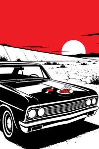 A Chevy parked by a dry levee at dusk, an old 45 record and a slice of apple pie on its hood.