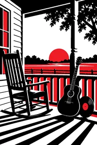 A dusty Southern porch with a rocking chair, a Gibson guitar and a weathered vinyl record leaning against the railing.
