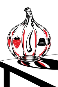 A translucent onion made of glass on a white table, refracting tiny images of strawberries, a walrus tusk and a fishing hat.