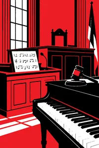 A wooden courtroom with sheet music entered as evidence on the witness stand, a gavel resting on a piano.