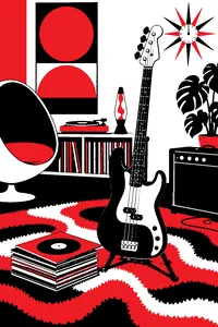 A bass guitar on a stand in a funky 1969 studio, colorful shag rug, a stack of the band's earlier vinyl singles beside it.