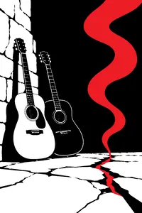 A pair of acoustic guitars leaning against a cracked stone wall, a faint red glow and smoke rising from a crack in the floor.