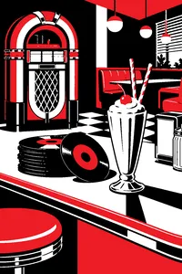 A 1961 jukebox glowing in a soda shop, a stack of doo-wop 45s and a milkshake with two straws on the counter.